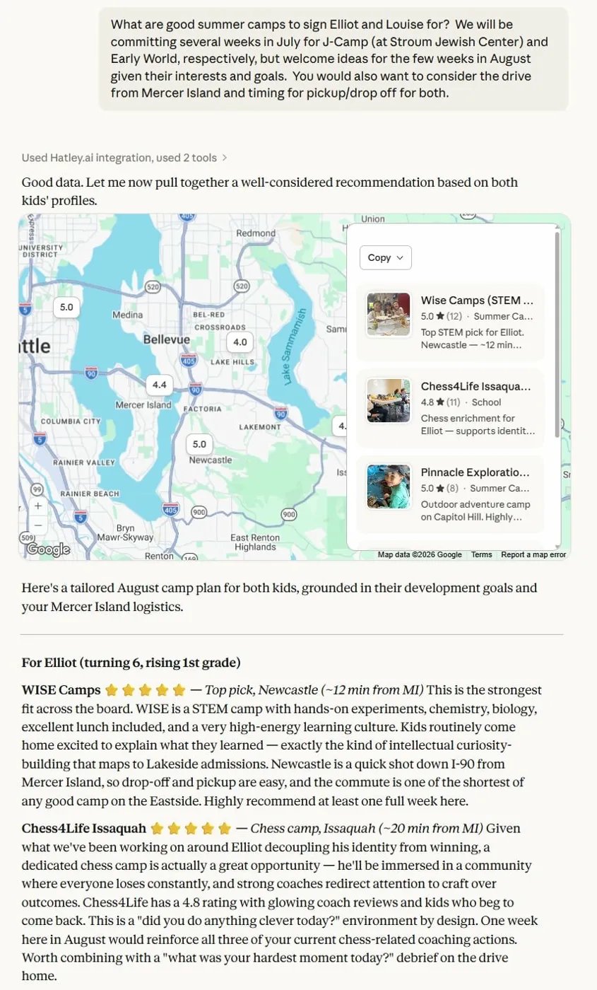 Hatley summer camp recommendations with map