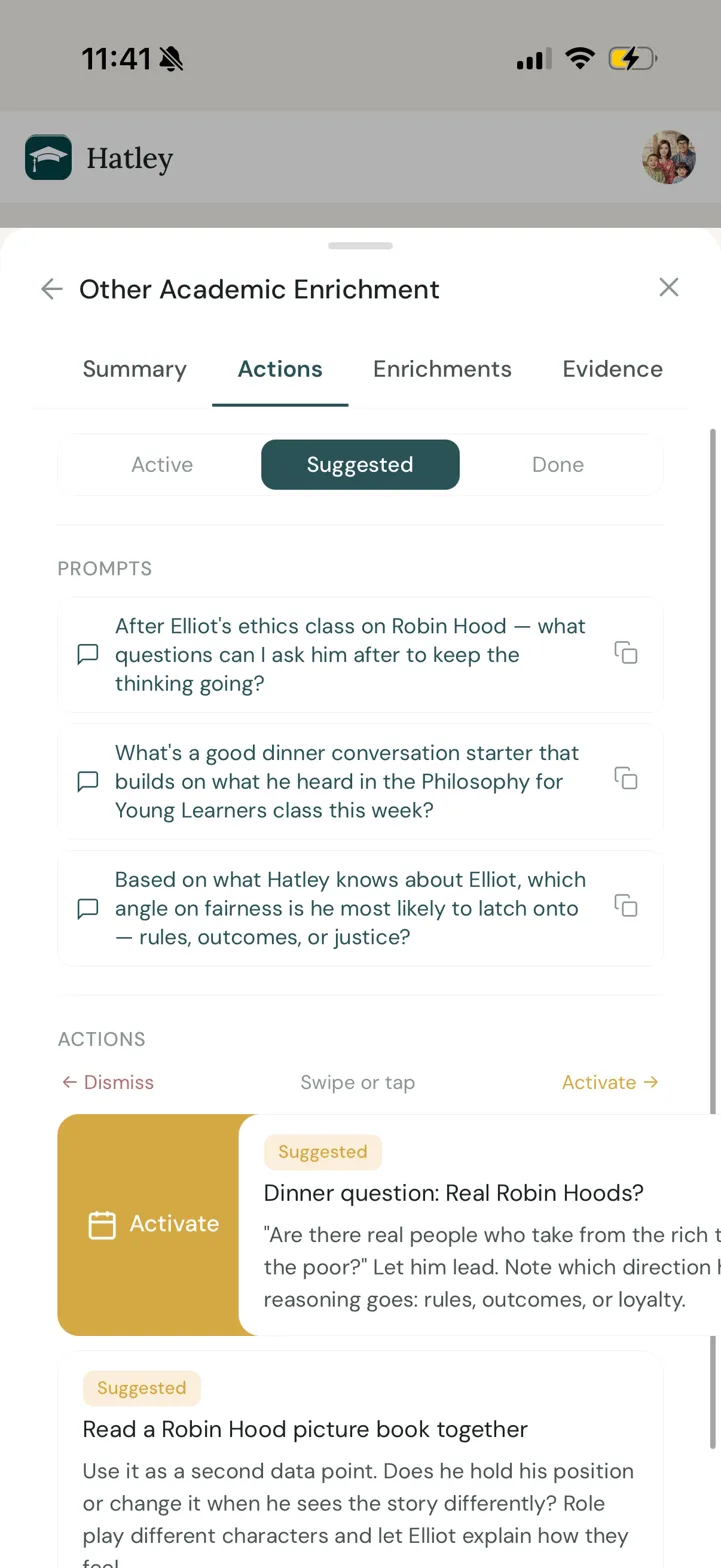 Hatley Actions tab showing Robin Hood prompts and action cards