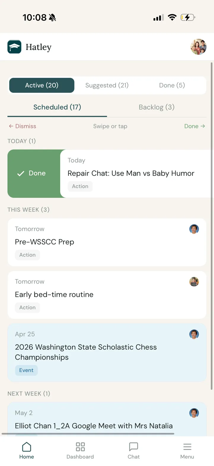 Hatley Home tab showing Repair Chat: Use Man vs Baby Humor action card